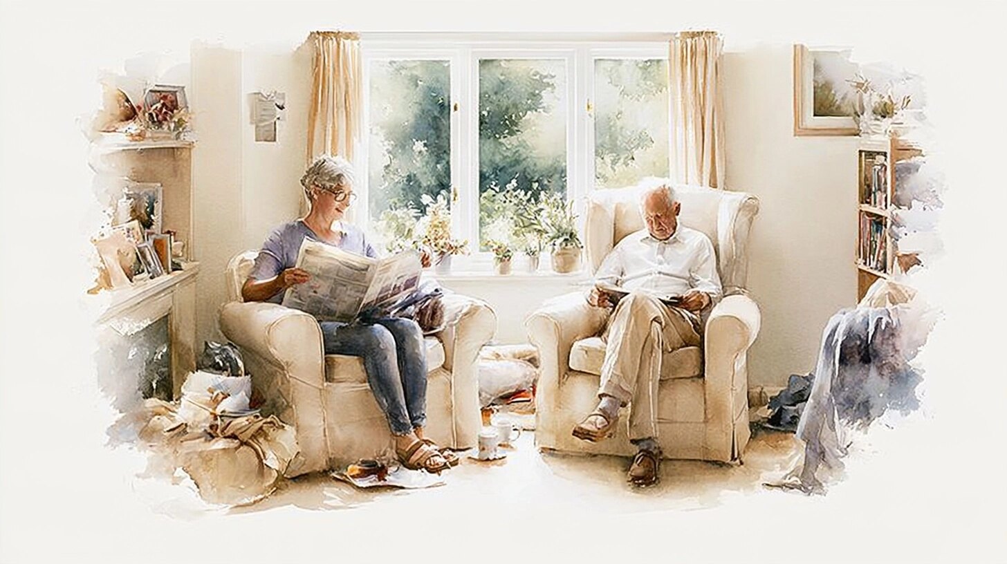 A companion reading the newspaper aloud to an elderly man in an armchair by the window, in a sitting room