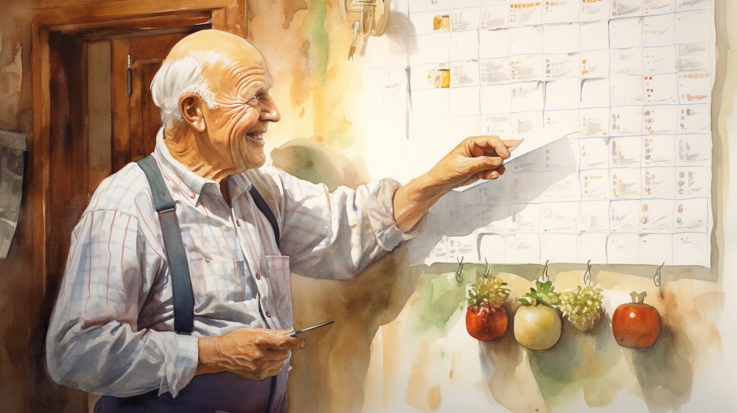 An elderly man smiling as he points to a wall calendar of visits, with home-grown vegetables hanging by the kitchen door