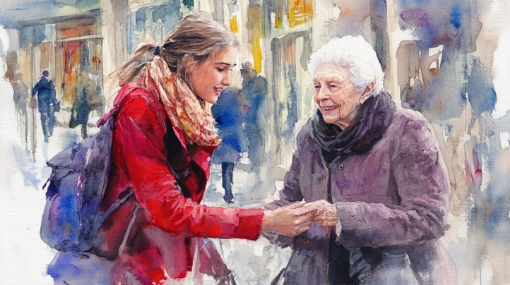 A young companion holding an older woman's hands as they talk together on a shopping street