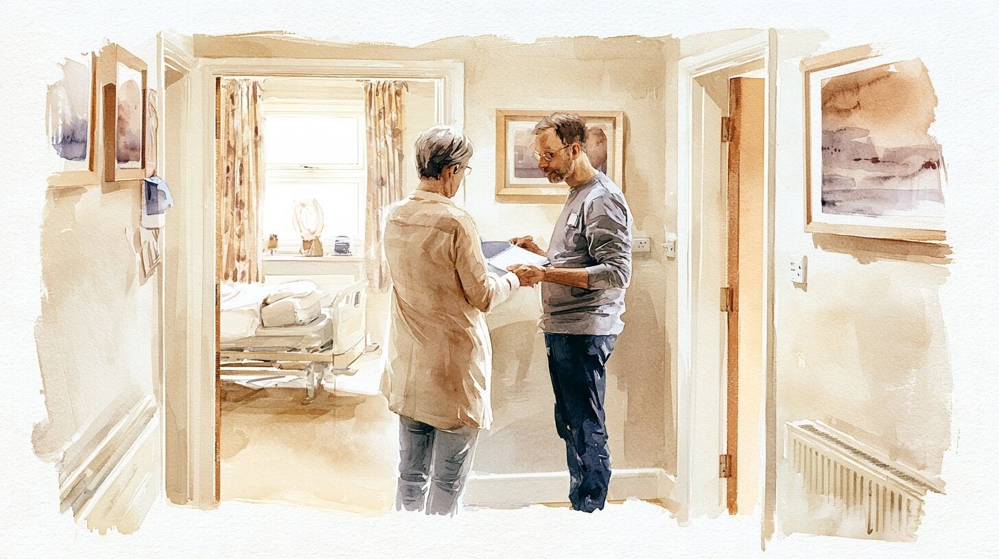 Two carers handing over with a notebook at the start of a shift, a bedroom with a hospital bed beyond, in a hallway