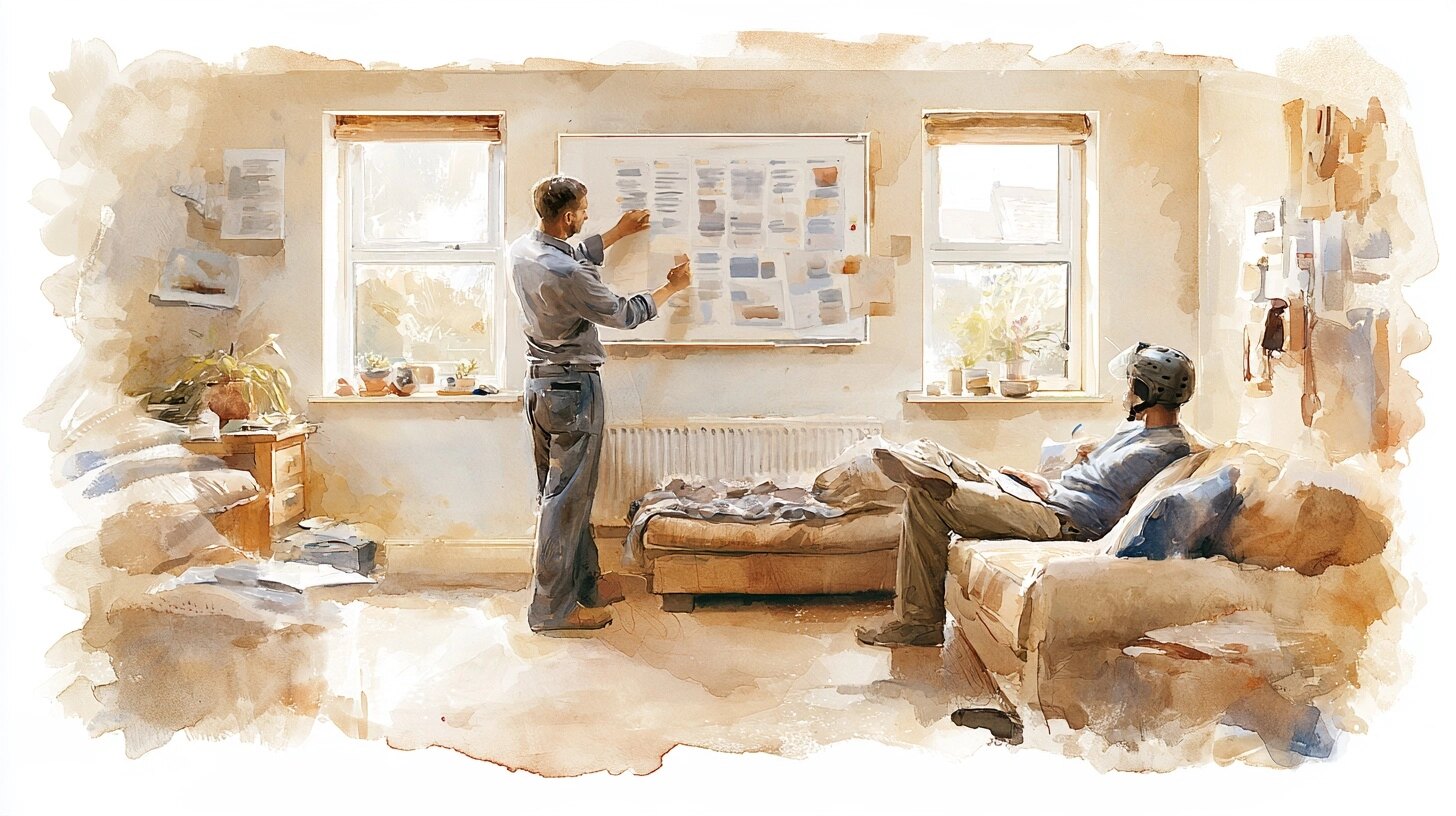 A support worker helping a man in his thirties with a helmet on the sofa sort his day on a whiteboard, in a sitting room