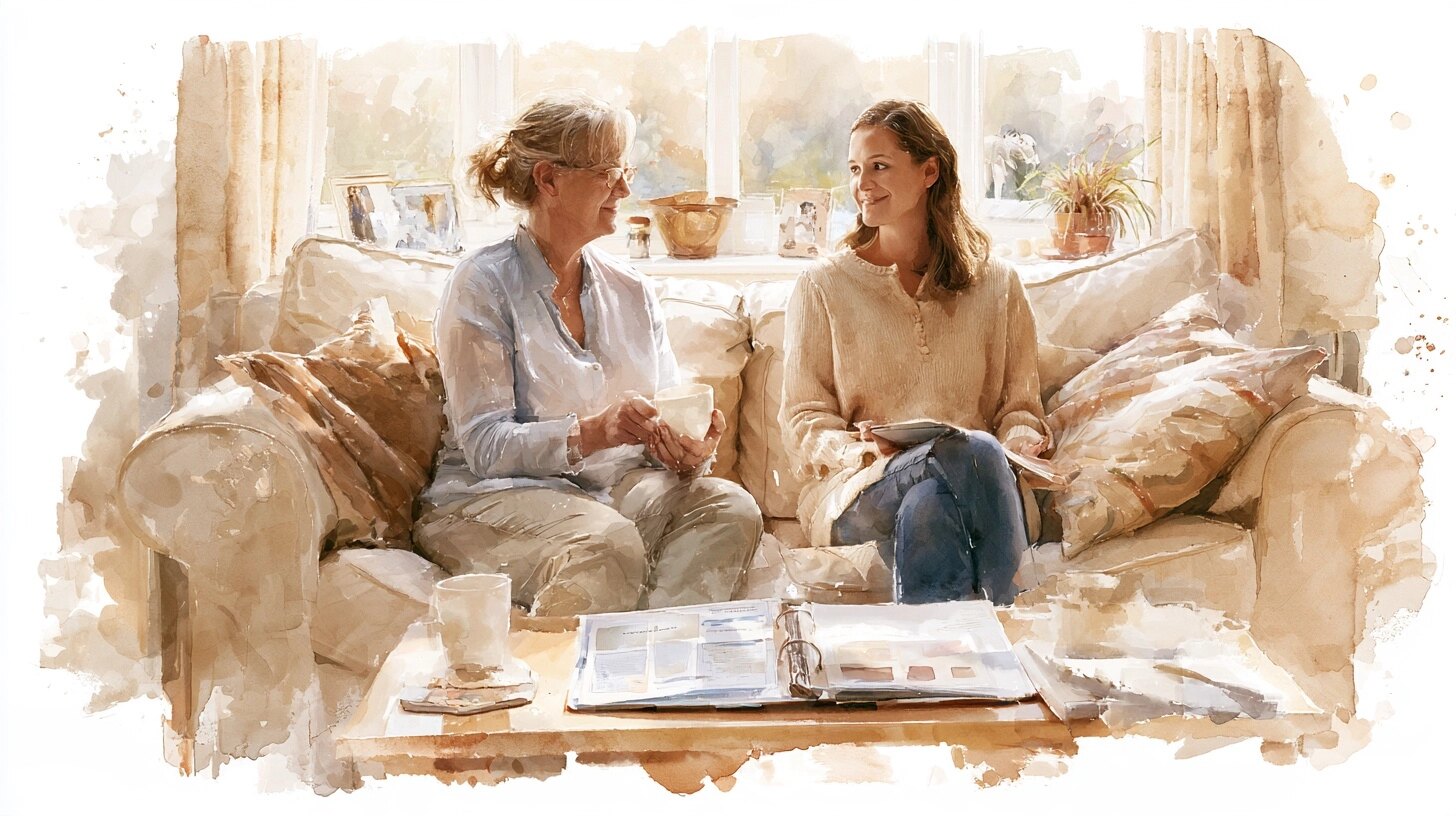 A carer sitting with a young woman on the sofa, a care plan folder open on the coffee table, in a living room