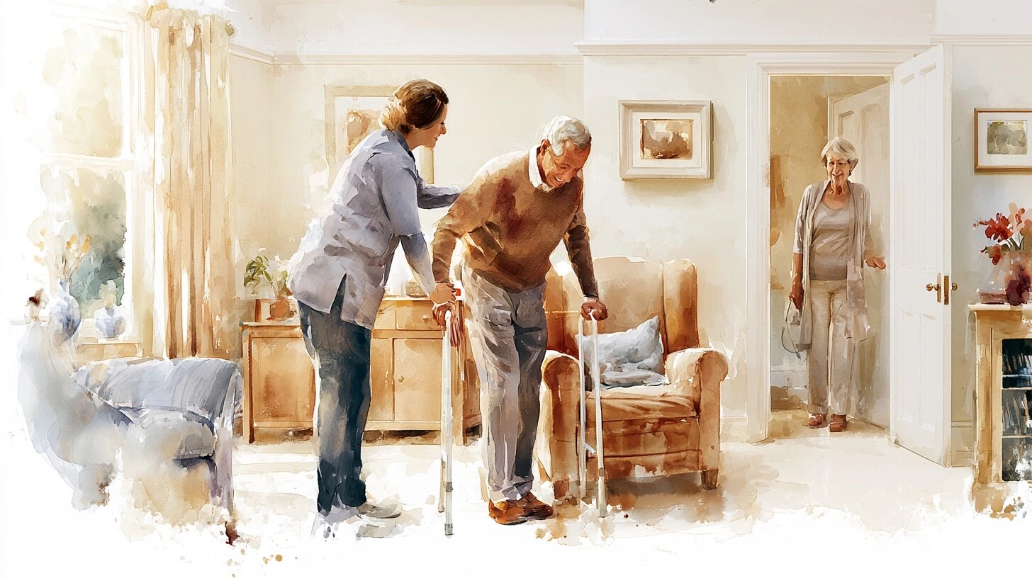 A carer steadying a man in his fifties as he walks to his armchair, his wife watching from the doorway, in a sitting room