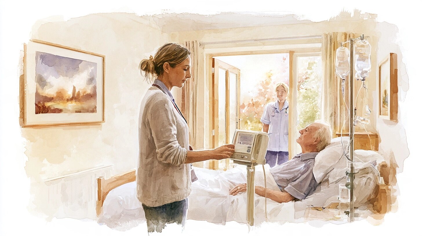A carer checking a feeding pump on a stand beside an elderly man in bed, a nurse in the doorway, in a bedroom
