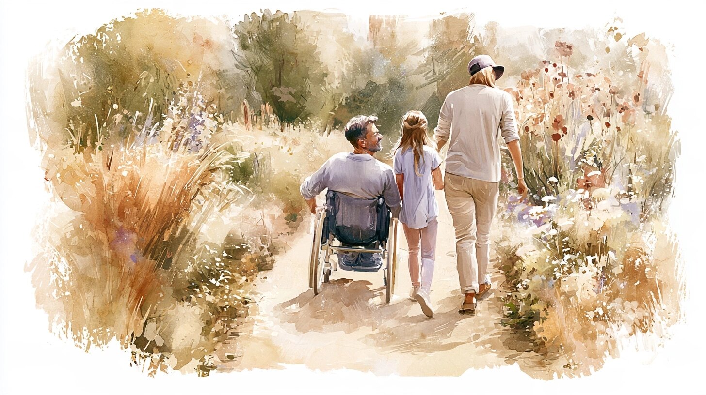 A man in his forties in a wheelchair with his daughter, a carer walking beside them, on a sunny garden path