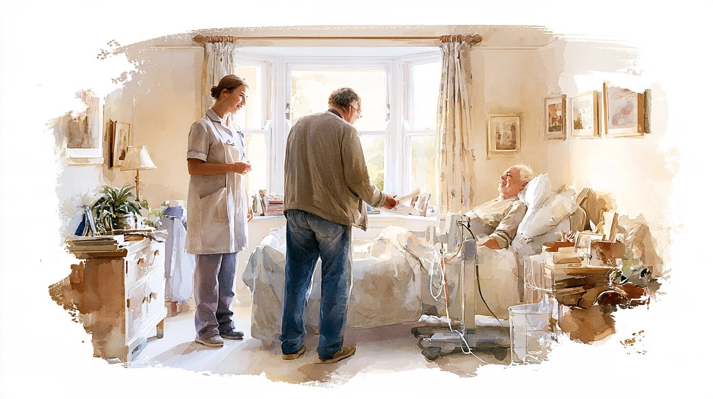 A nurse in a tunic showing a carer the equipment beside a man sitting up in bed, in a quiet bedroom