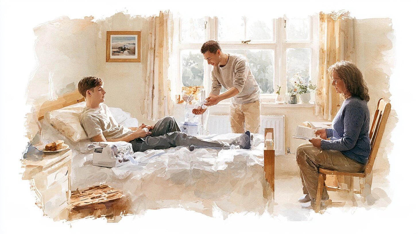 A young man sitting up in bed with a small home ventilator beside him, a carer checking the settings, his mother reading nearby, in a bright bedroom