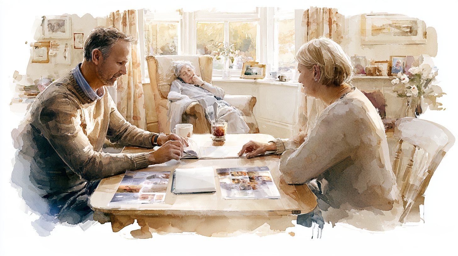 A couple at the table with two brochures side by side and a notepad, an elderly woman dozing in her armchair