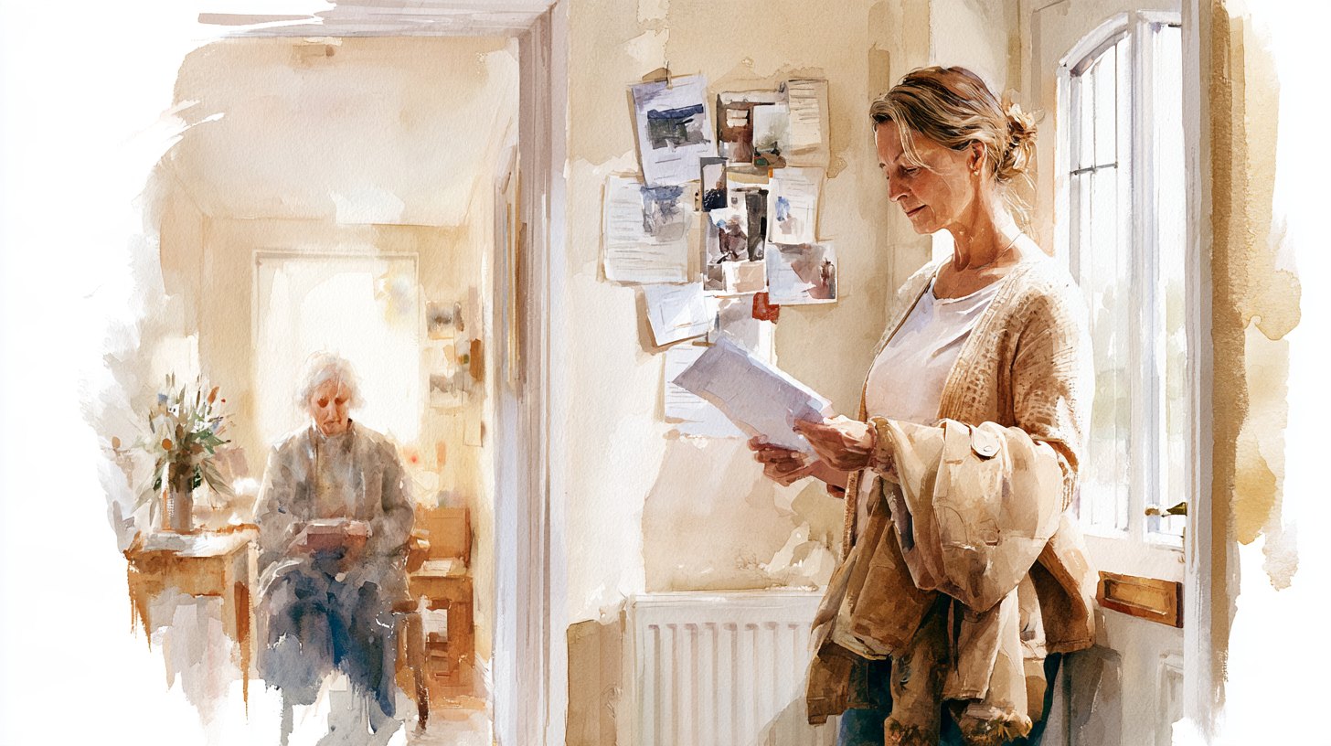 A woman reading a letter by the front door with her coat over her arm, an elderly woman in the room beyond
