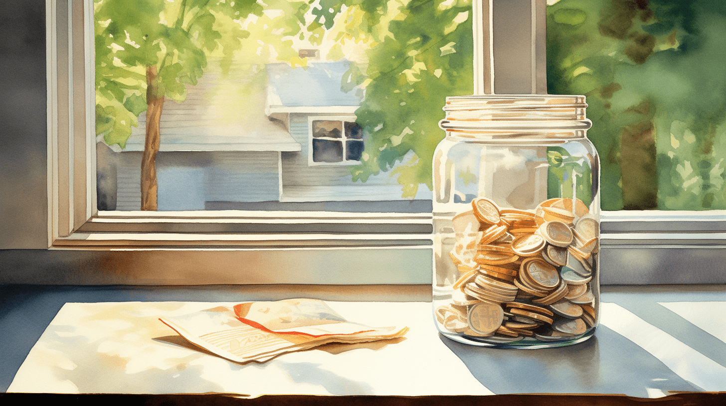 A jar of coins and a folded receipt on a sunlit windowsill