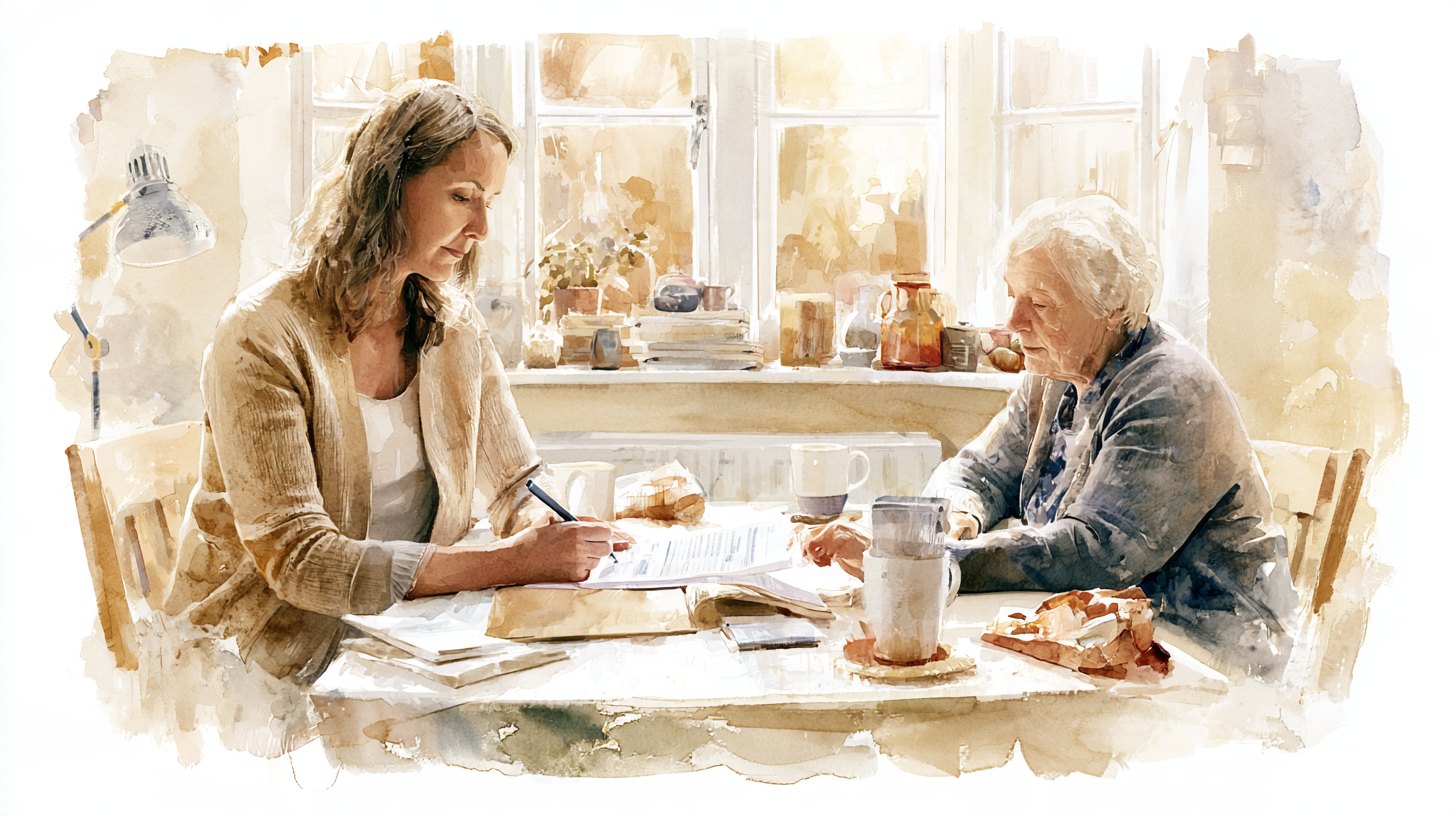 A woman and her elderly mother going through a benefits form together at the dining table
