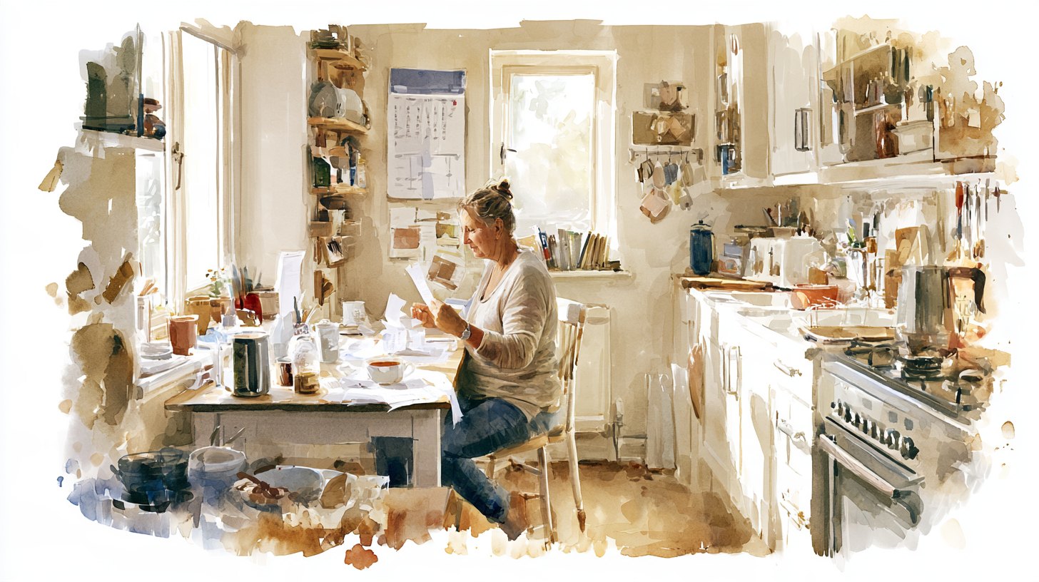 A woman at the kitchen table with receipts spread out and a wall calendar behind her, a cup of tea going cold