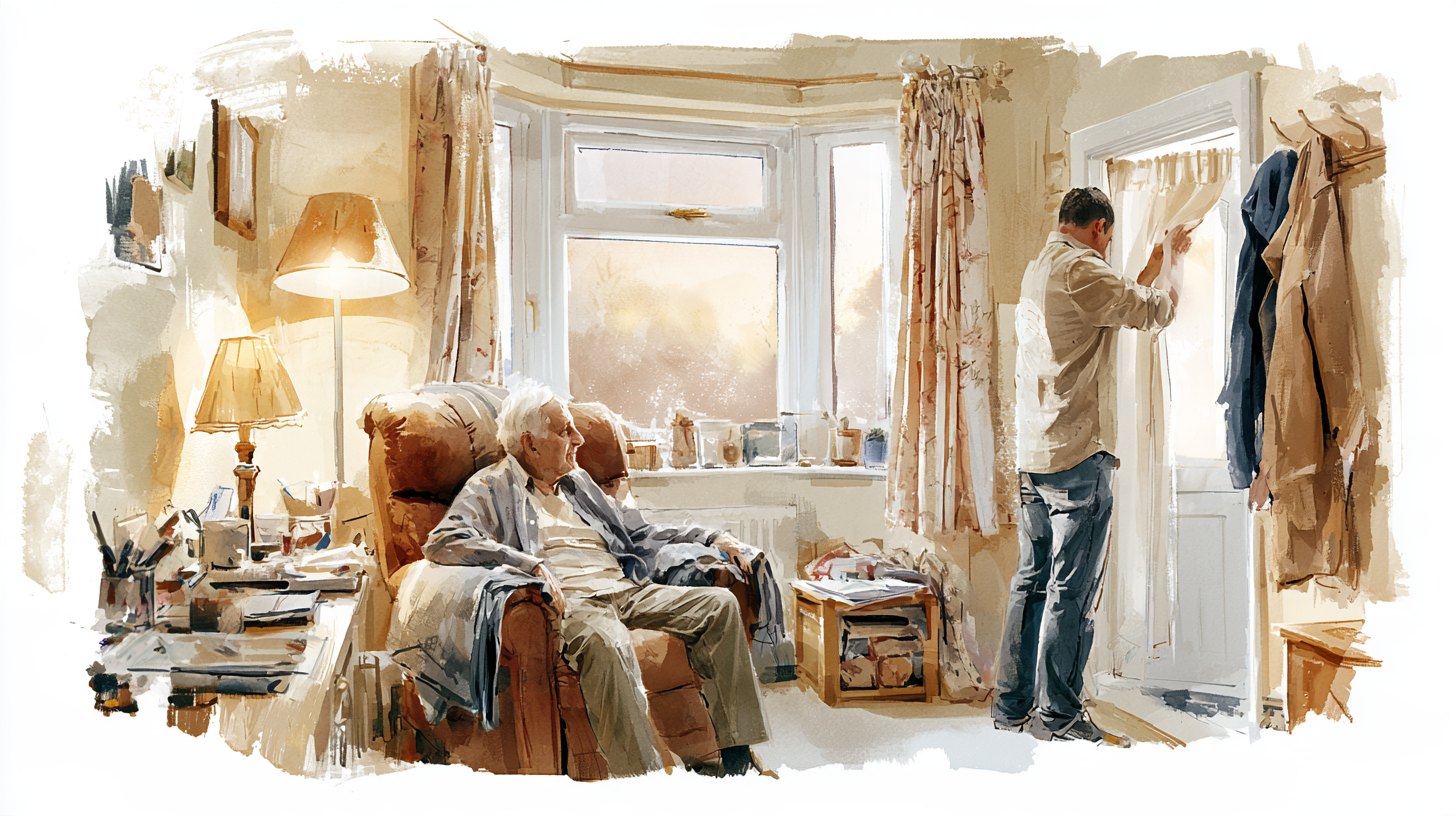 A living room at dusk with the lamps lit, an elderly man in his armchair while a carer draws the curtains, coats on the hook by the door