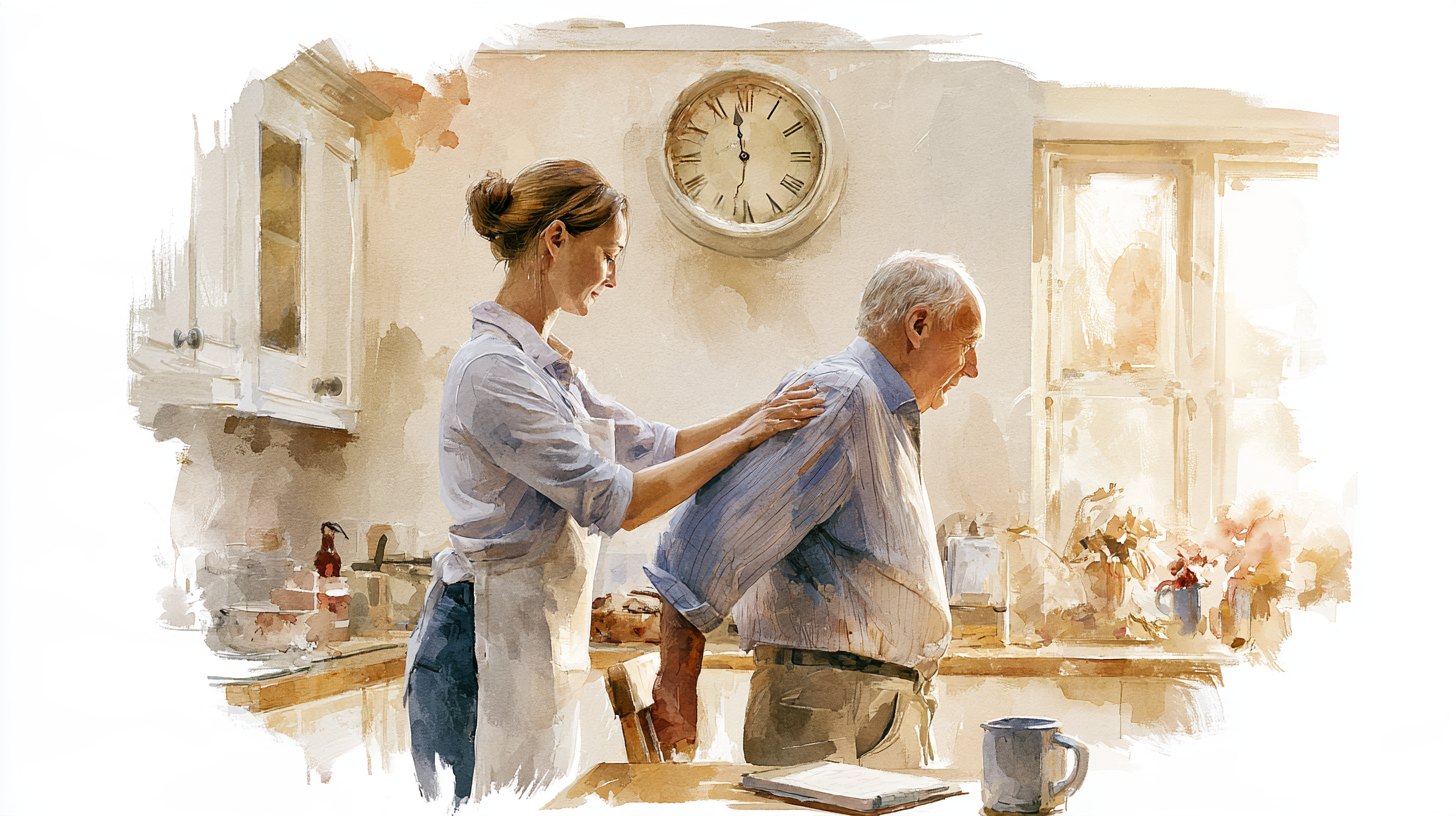 A carer helping an elderly man up from his chair in the kitchen, a clock on the wall behind them