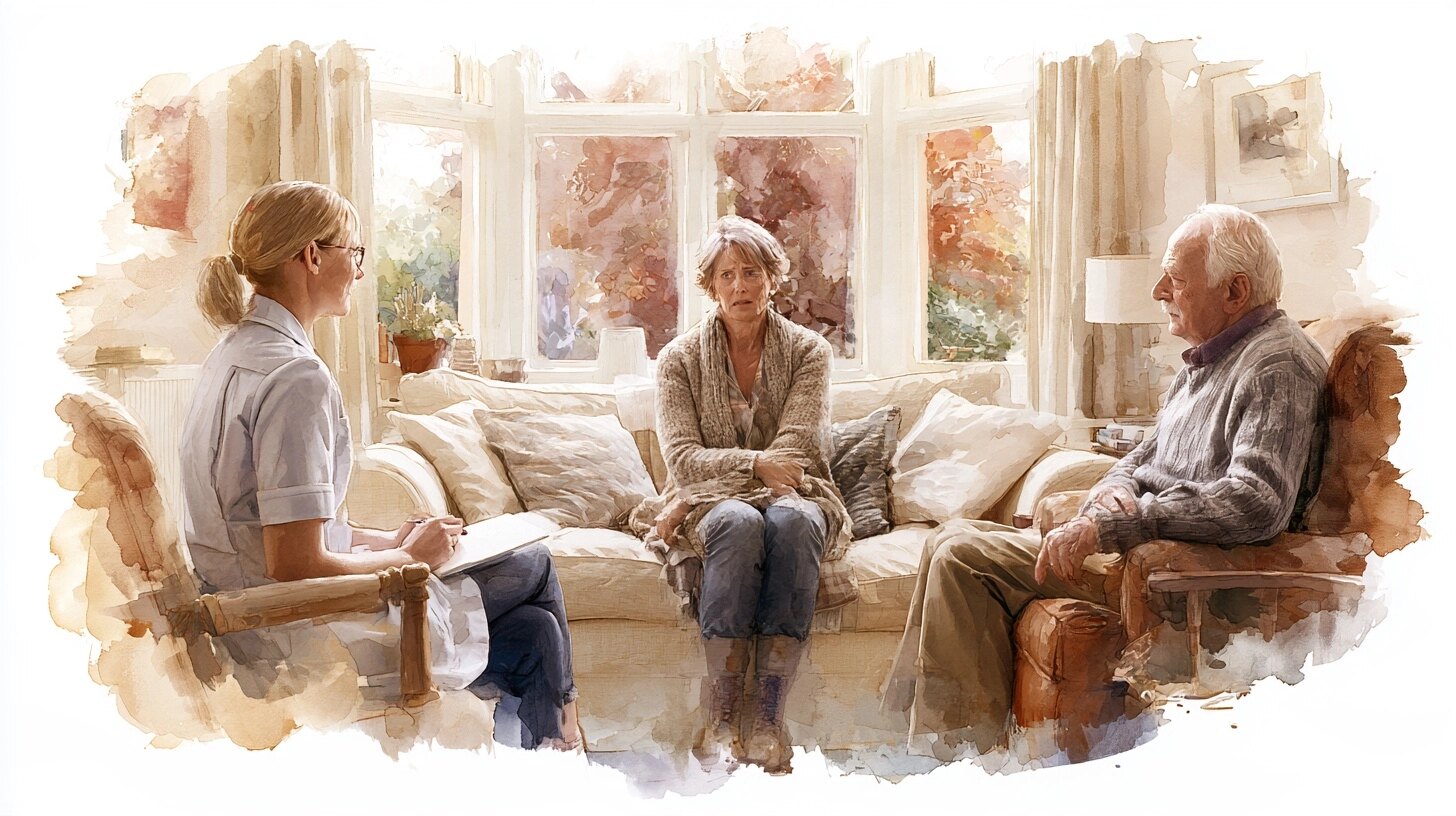 A nurse sitting with a worried middle-aged woman on the sofa, her elderly husband in the next chair, in a sitting room