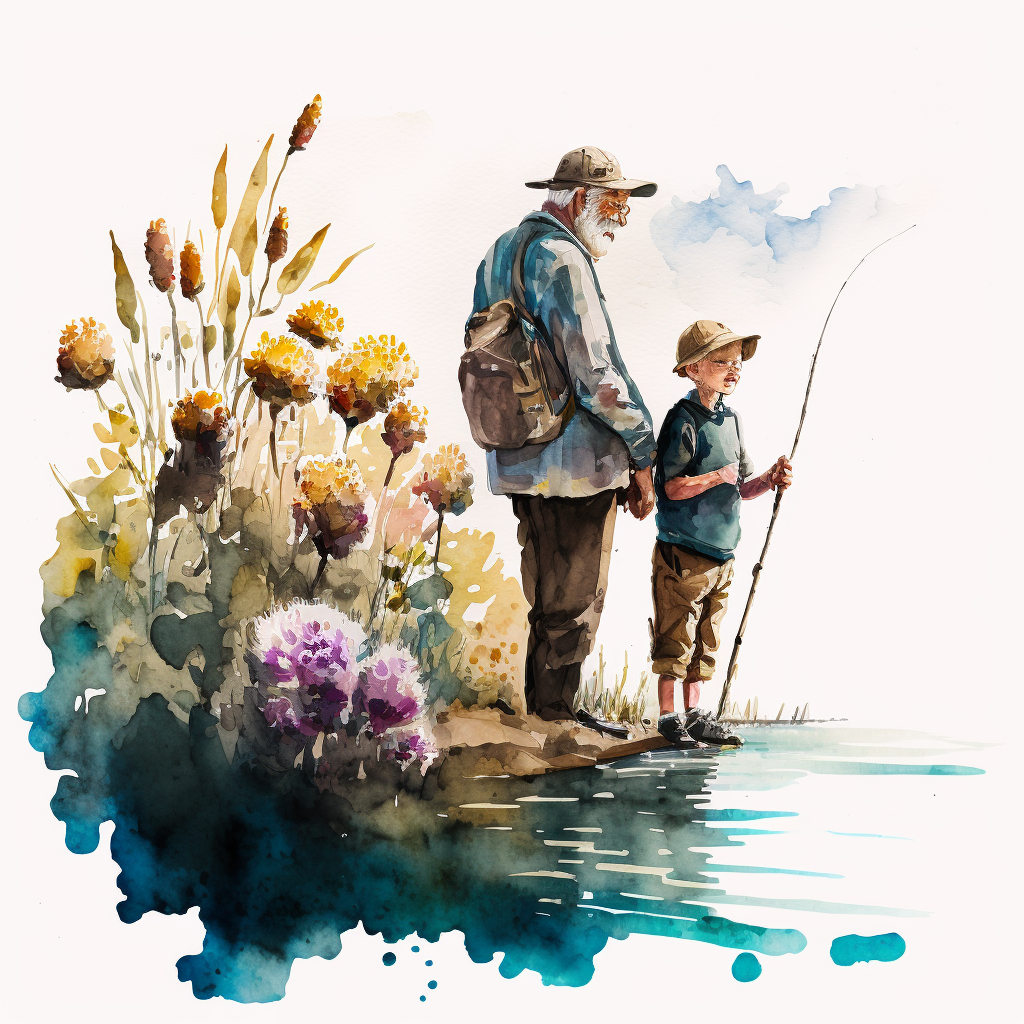 A grandfather and his grandson standing by a pond with a fishing rod, surrounded by wildflowers