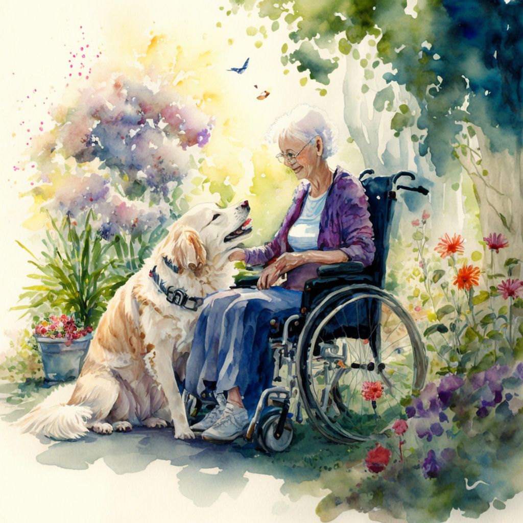 A woman in a wheelchair in a garden, smiling as she strokes a golden retriever that has come to sit beside her