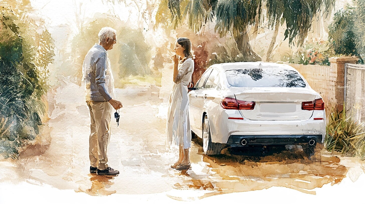 An elderly man standing by his car with the keys in his hand and his daughter talking gently to him, on a driveway