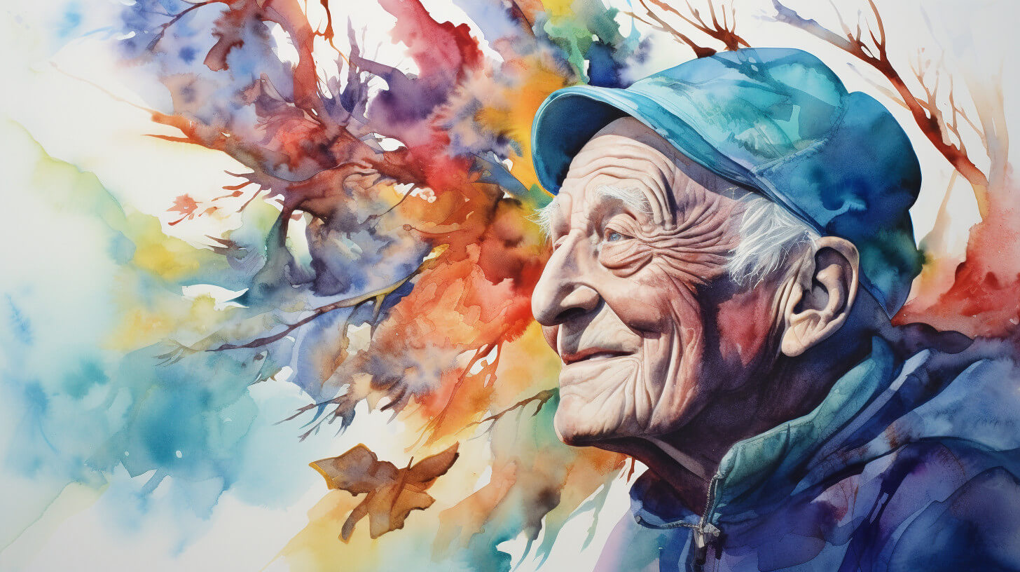 A watercolour portrait of an elderly man in a cap, looking outward as a burst of autumn colour drifts around him