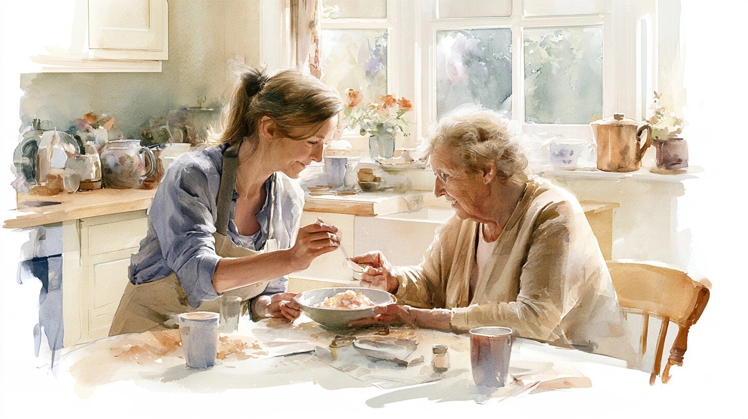 A carer helping an elderly woman with a spoon and a bowl of soft food at the table, in a kitchen