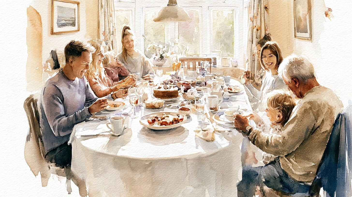 An older man sits at the quiet end of a family birthday tea with a grandchild beside him