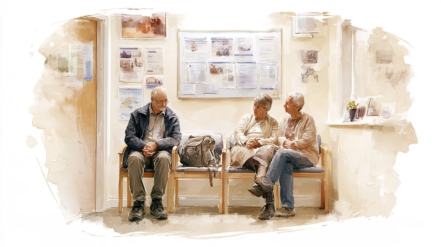 An elderly man and his wife sitting side by side holding hands, a noticeboard behind, in a GP surgery waiting room
