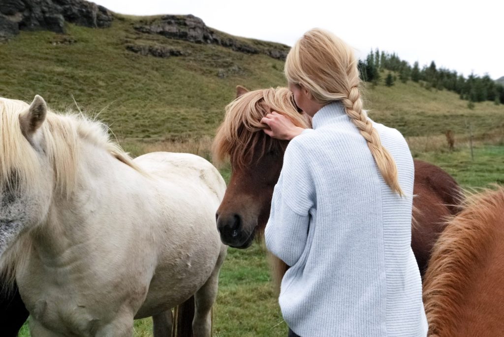 A woman stroking a horse's mane while standing among a small herd on a grassy hillside