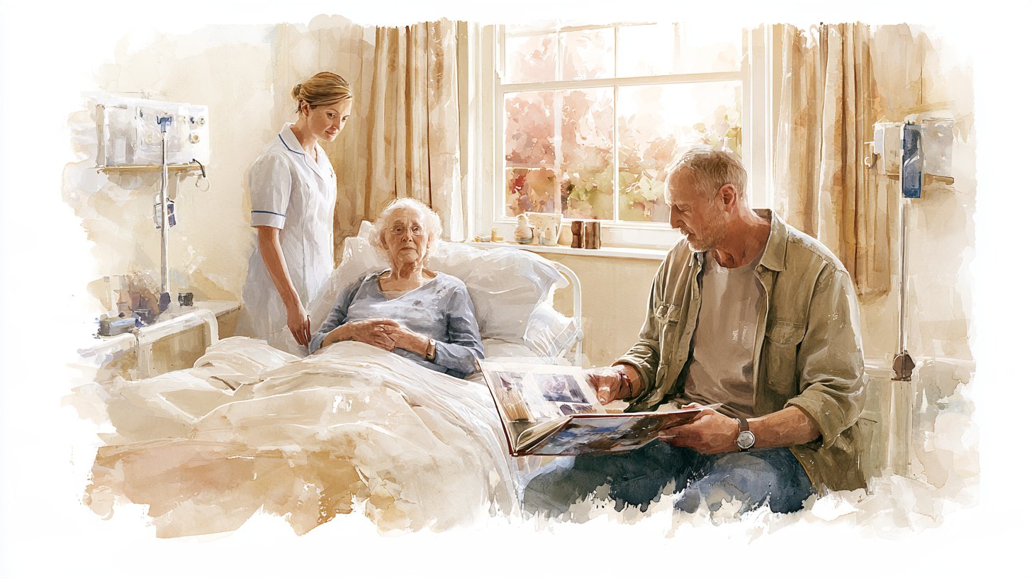 An elderly woman sitting up in a hospital bed, her son beside her with a photo album open, a nurse at the curtain