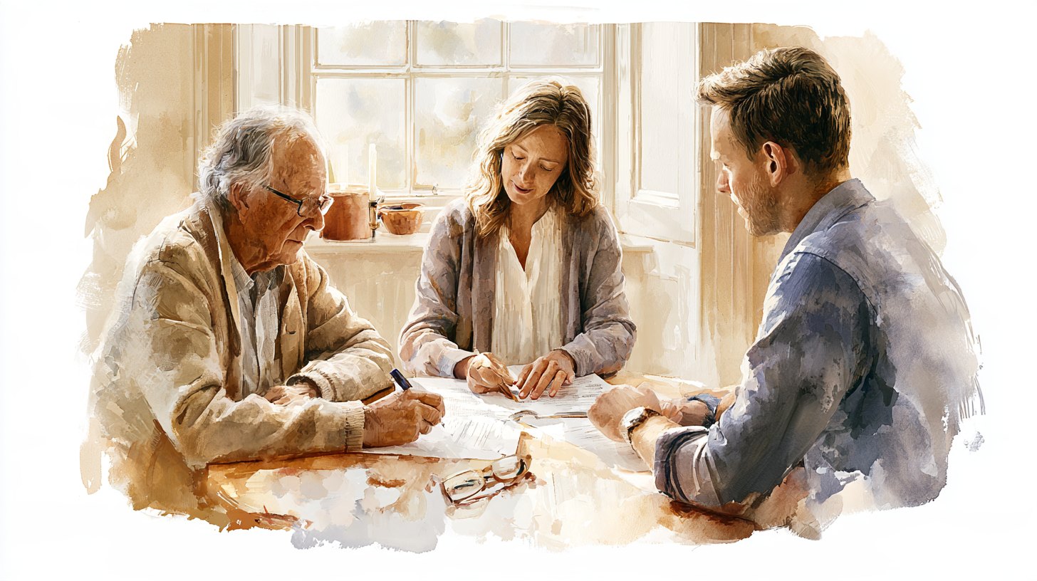 An elderly man signing papers at the dining table with his daughter beside him and a witness looking on