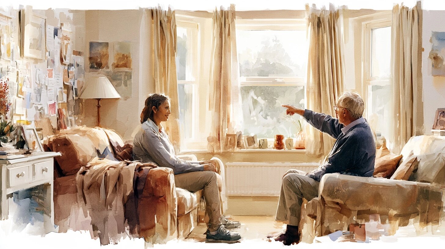 A carer sitting with an elderly man who is pointing at a corner of the room, in a lamplit sitting room in the evening