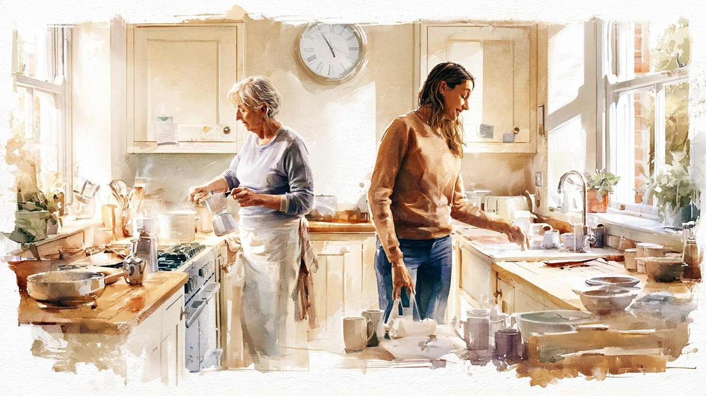 An elderly woman making tea while her daughter watches, in a bright kitchen with labelled cupboards and a large clock