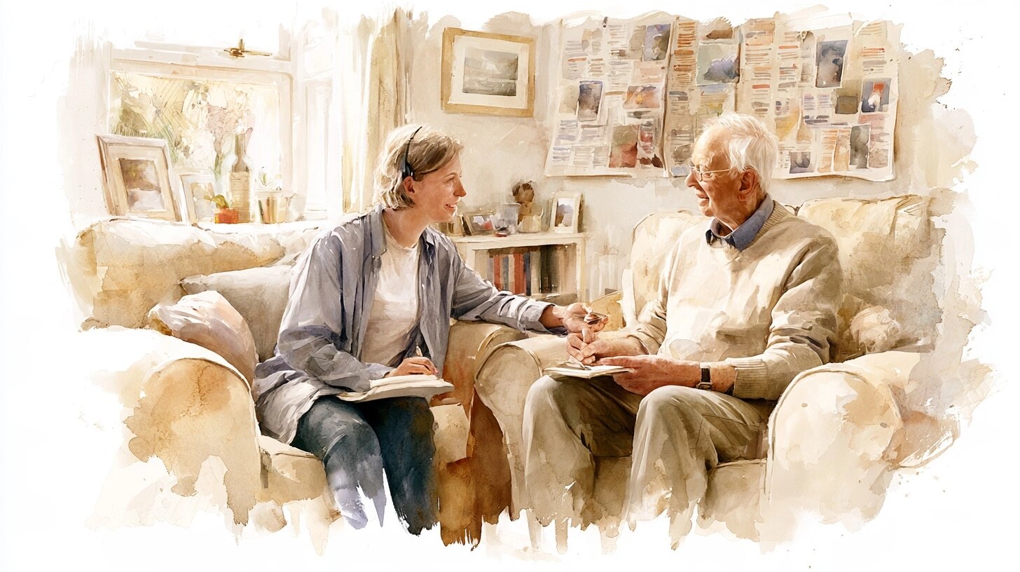 A carer helping an elderly man with a notebook and a large calendar on the wall, in a sitting room