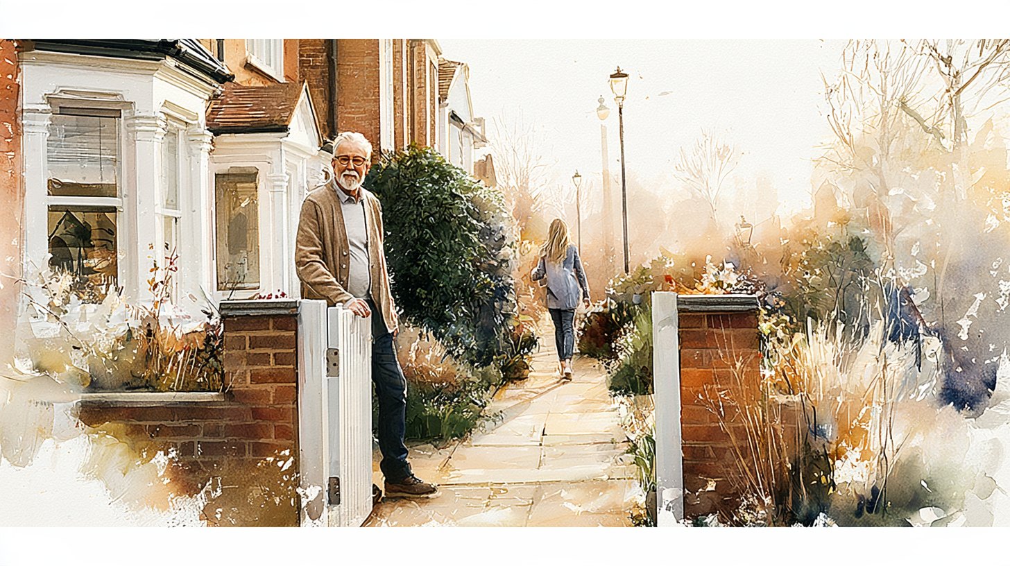An elderly man at the open garden gate at dusk, his daughter walking towards him from the front door