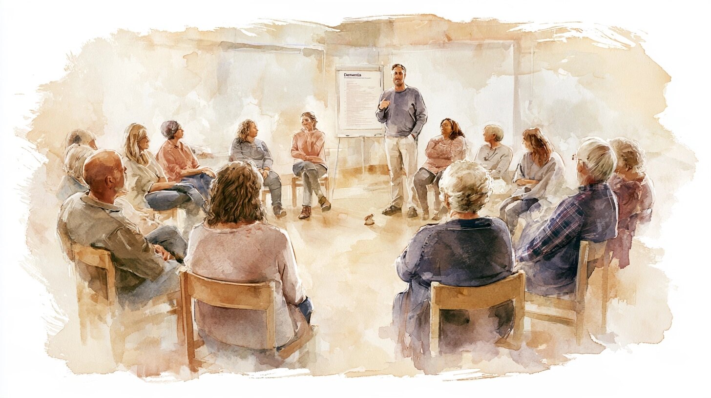 Carers sitting in a circle listening to a trainer, a flip chart about dementia, in a training room