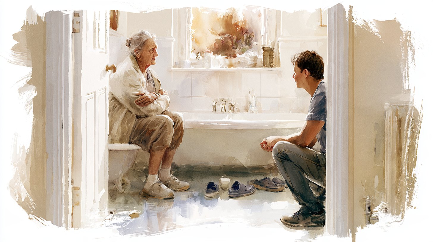 An elderly woman sitting on the edge of the bath with her arms folded, a carer crouched at a distance in the doorway