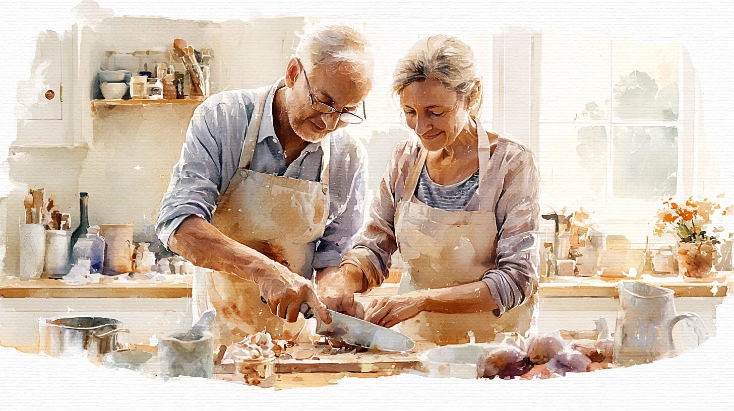 A man in his fifties and his wife cooking together, she guides his hand with the knife, in a kitchen