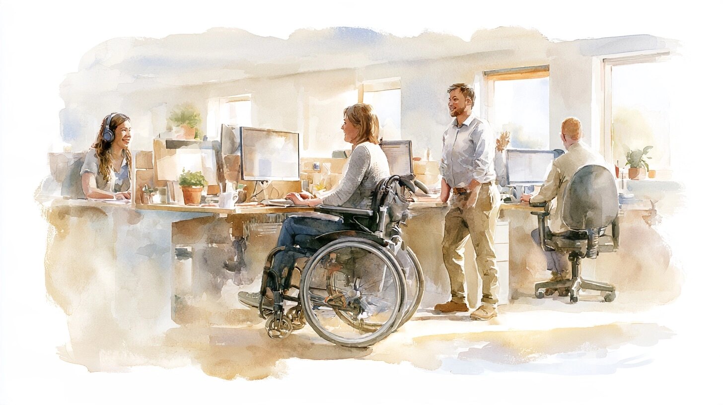 A woman in her thirties in a wheelchair working at an adapted desk, a support worker beside her, in an open-plan office