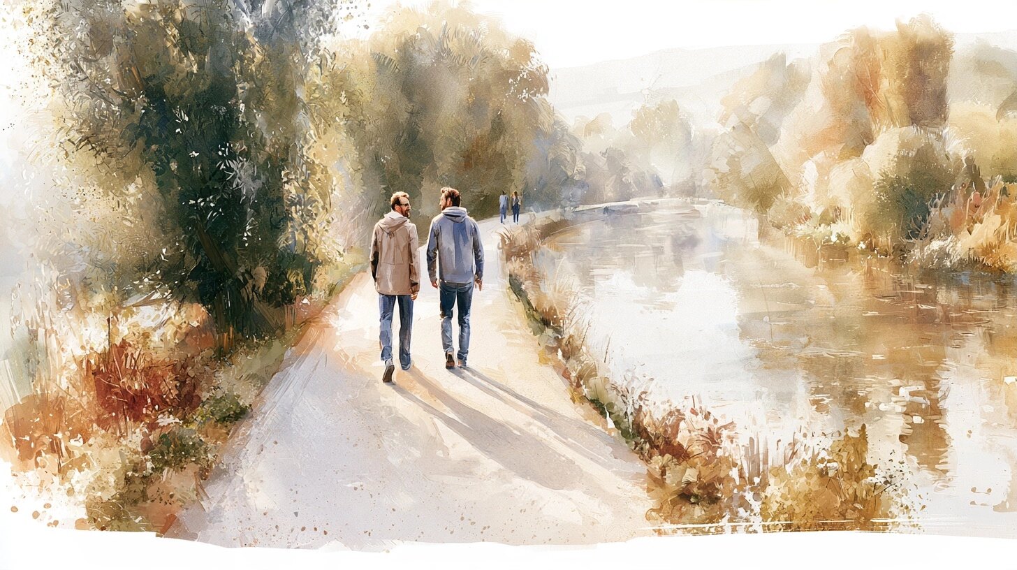 Two people walking side by side along a quiet riverside path