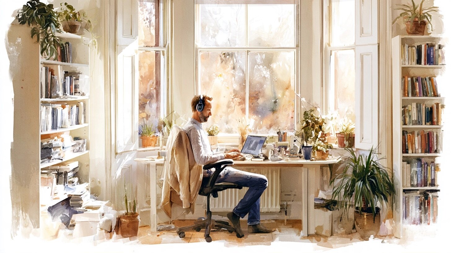 A man working at a quiet desk by the window in noise-cancelling headphones