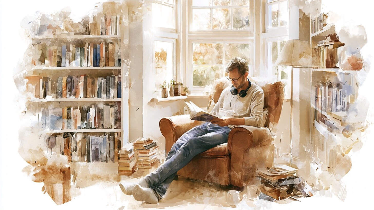 A man in his thirties reading in a quiet, tidy living room, headphones round his neck