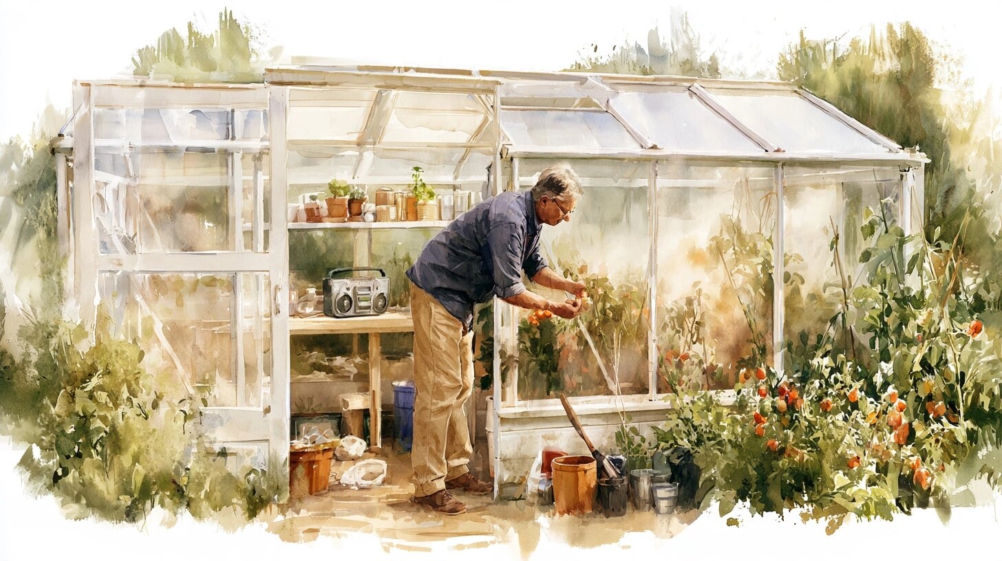 An older man tending tomatoes in his greenhouse, a radio on the shelf