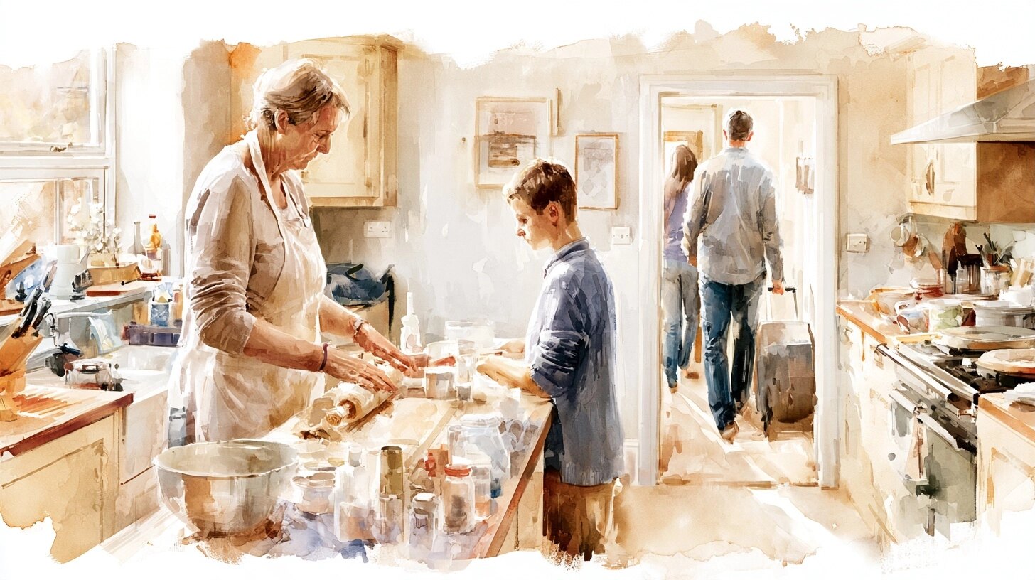 A carer and a young man baking together while his parents head out with a suitcase