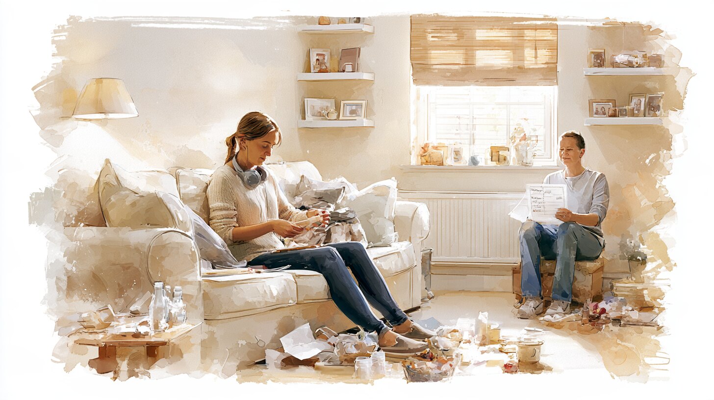 A young woman on her sofa in a calm, softly lit living room while her support worker sits at a distance with a written weekly plan