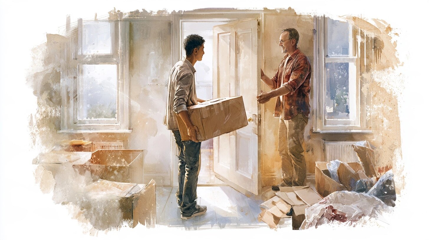 A young man carries a box into his new flat while his father holds the door