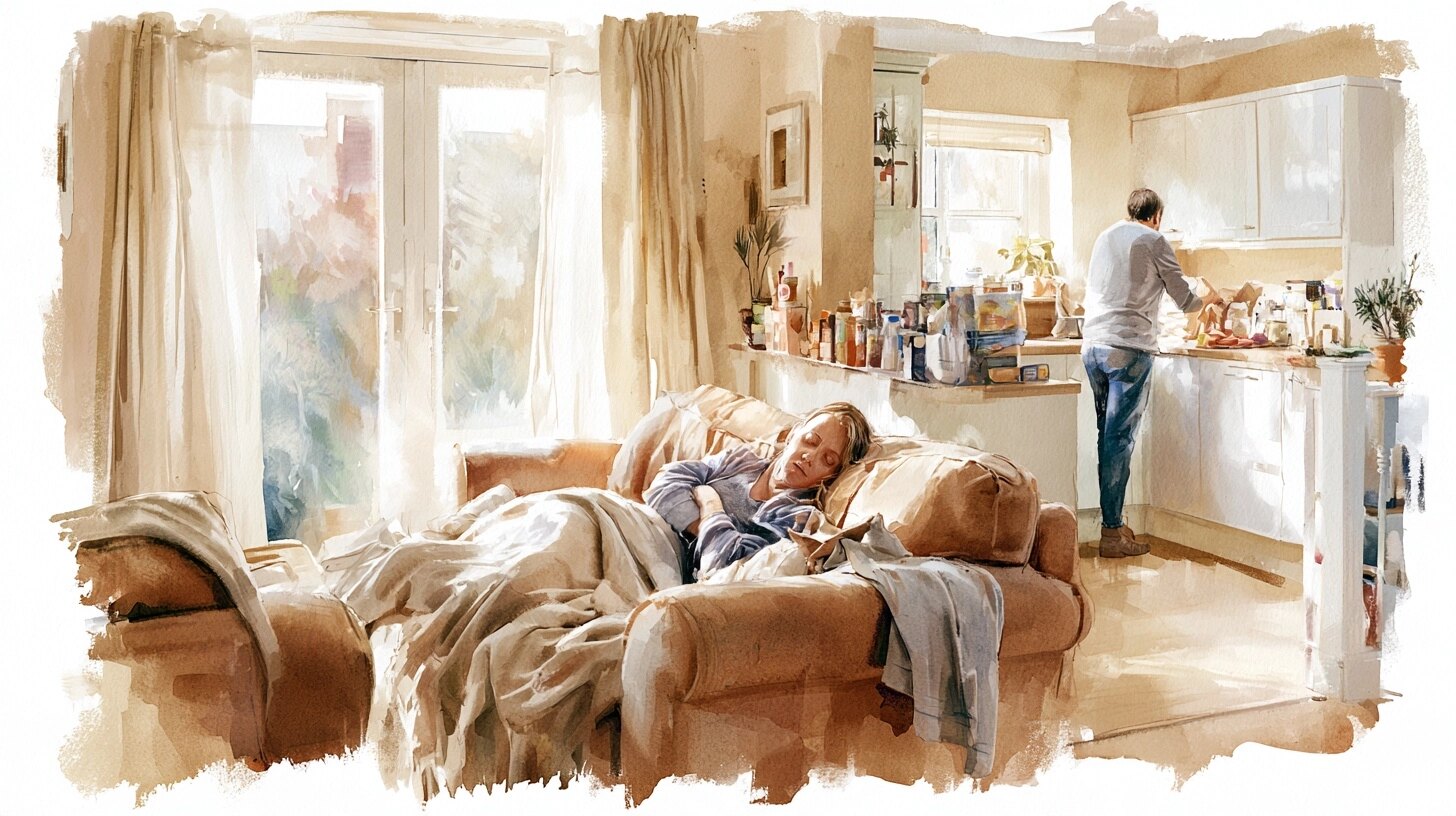 A woman resting on the sofa under a blanket while a support worker puts groceries away in the kitchen
