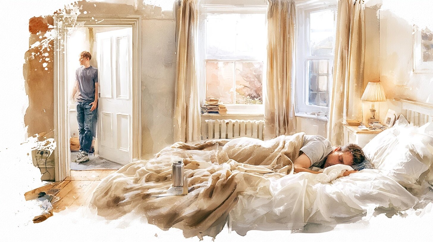 A young man resting under a blanket in a dim, calm bedroom, a friend sitting quietly in the doorway