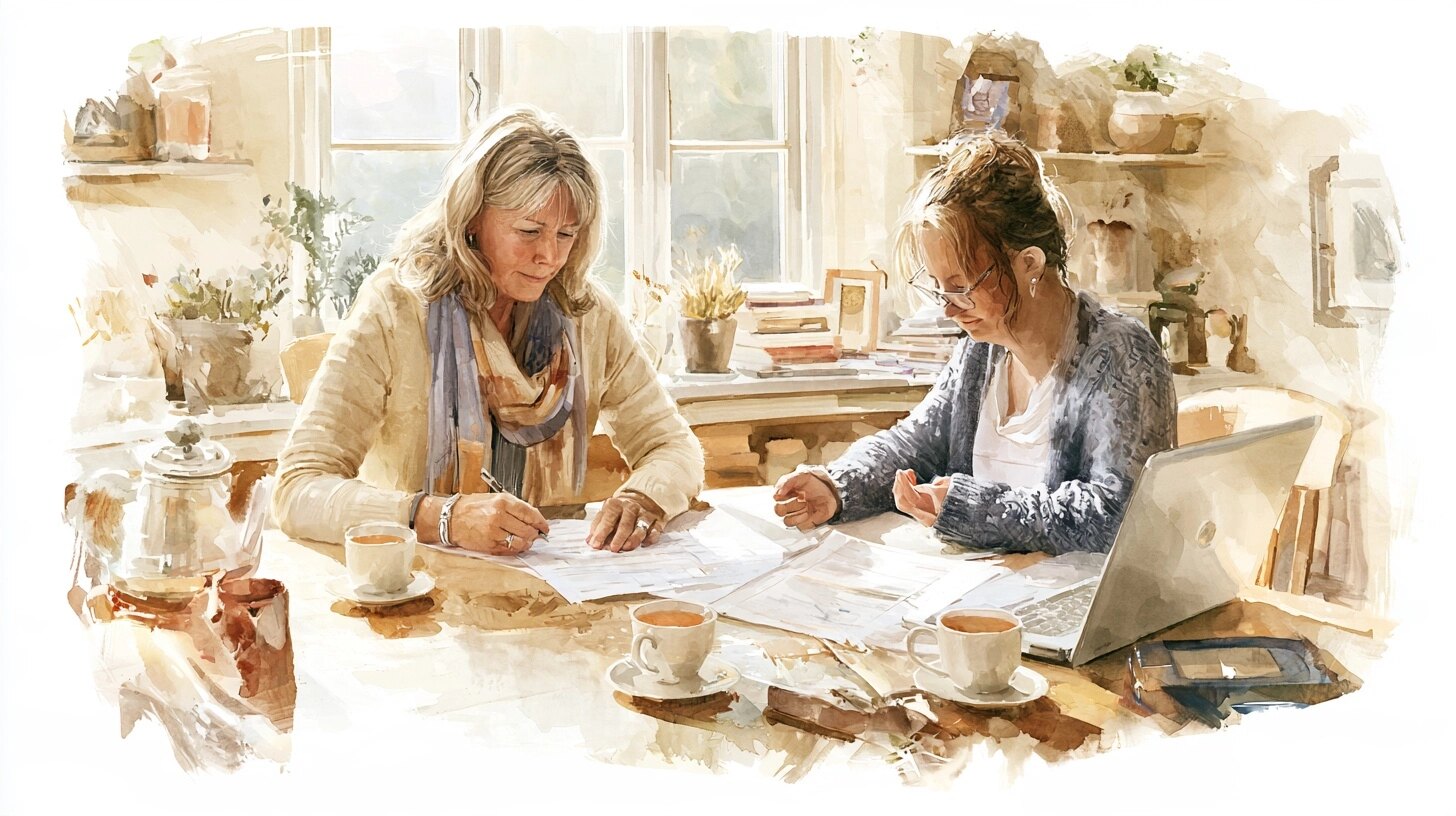 A mother and her adult daughter at the dining table with forms and a laptop