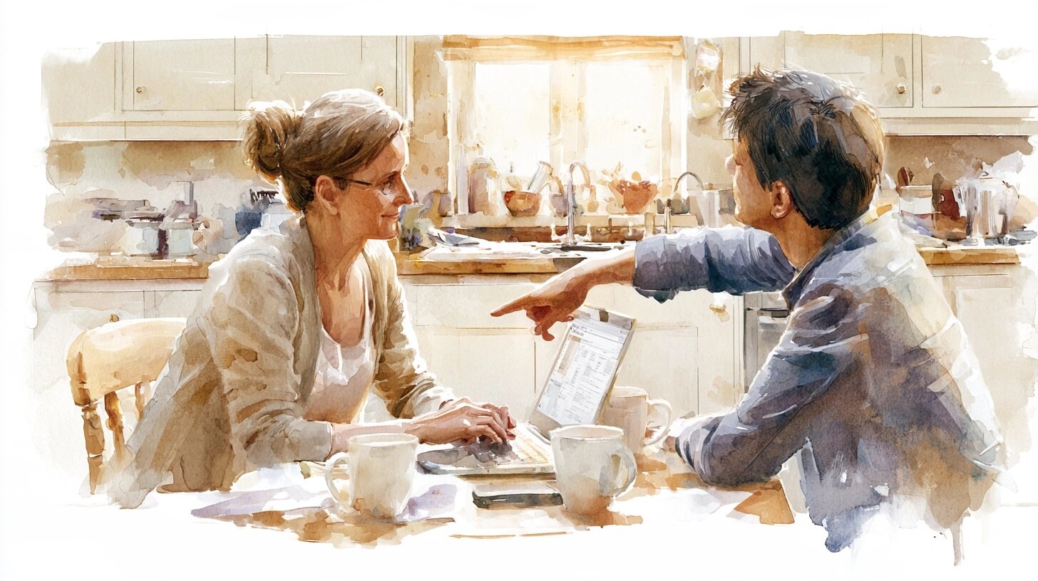 A woman filling in a form on a laptop at the kitchen table, her brother pointing at the screen