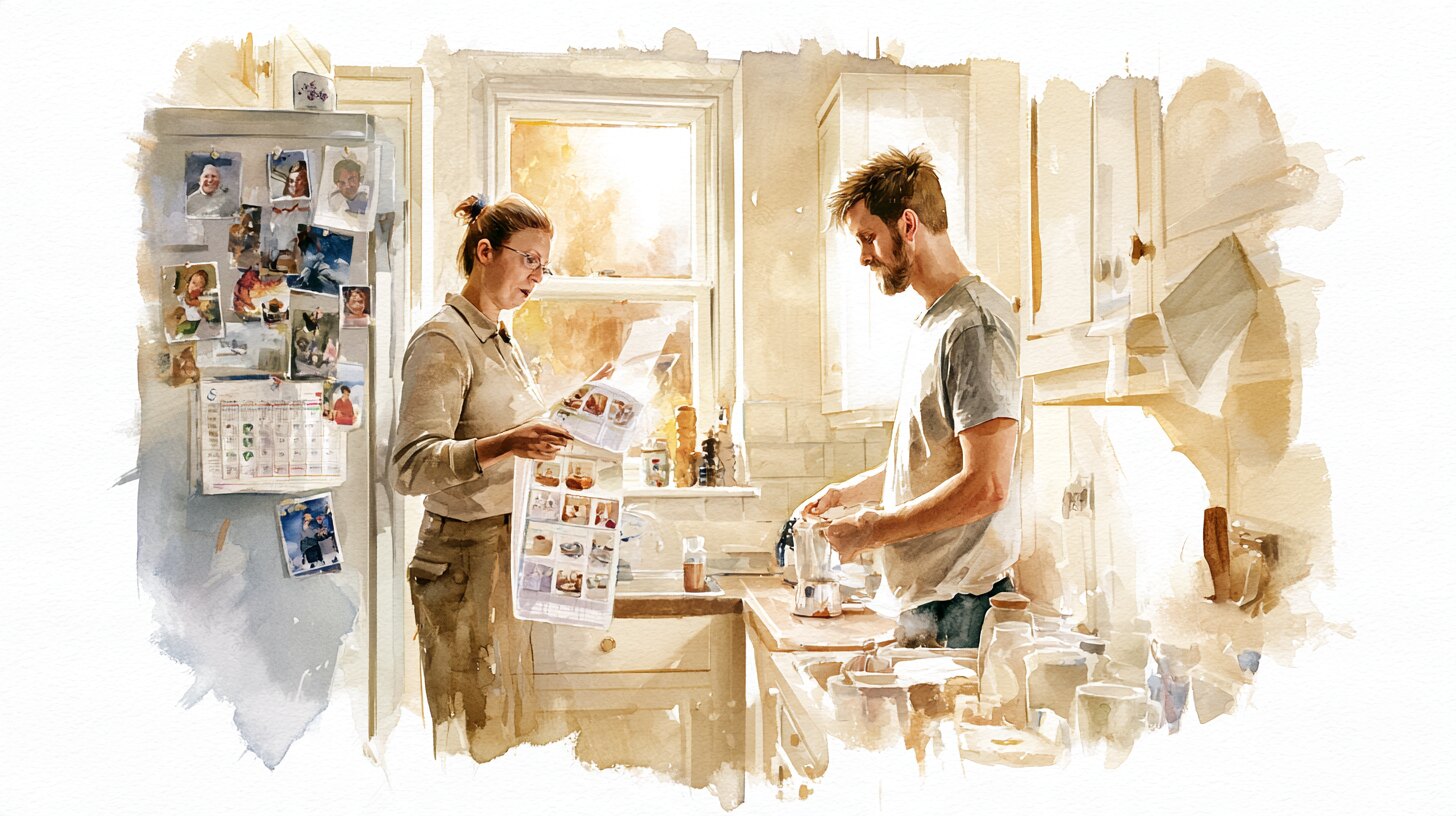 A young man making himself a hot drink in his kitchen while his support worker goes through a picture shopping list with him
