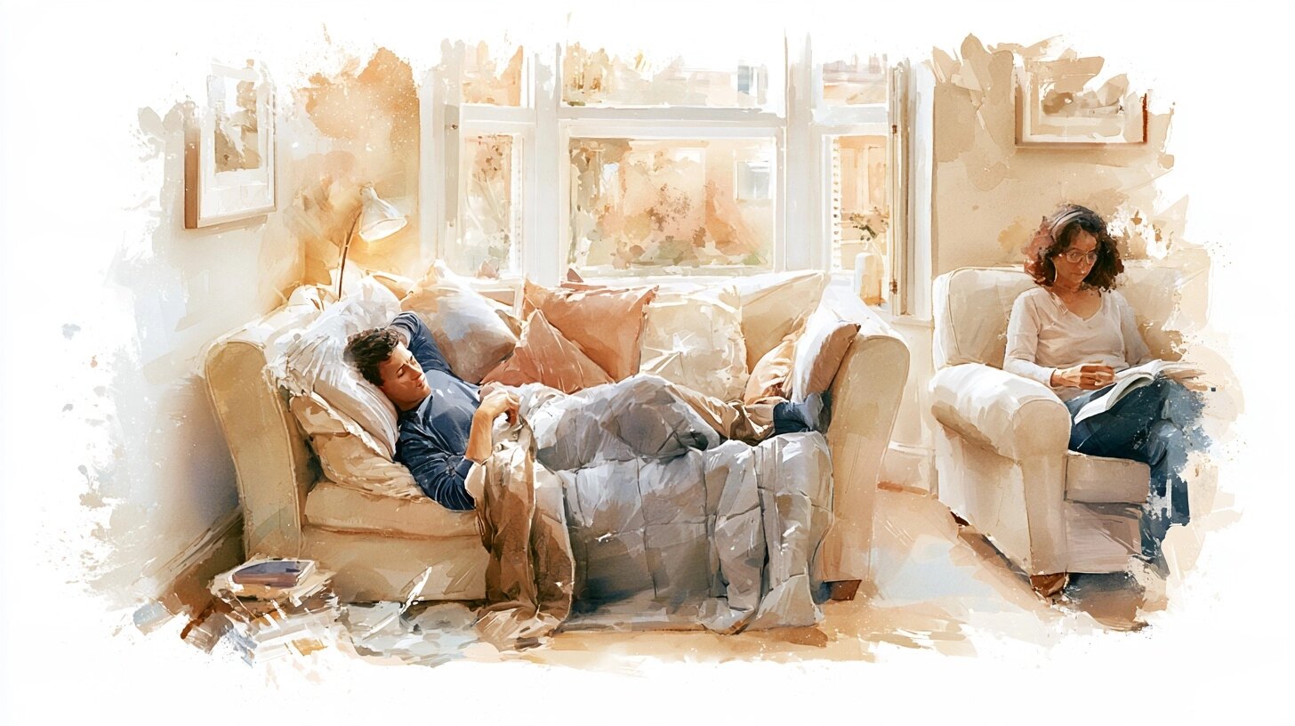 A young man resting under a weighted blanket in a quiet corner of the living room, his mother reading nearby